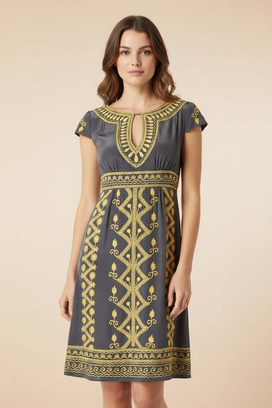 Nanette Lepore Charcoal Gray and Yellow Embroidered Keyhole Sheath Dress